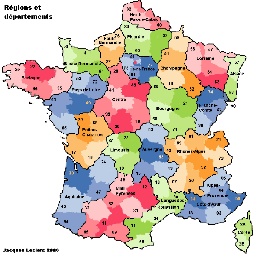 carte de france departements regions
