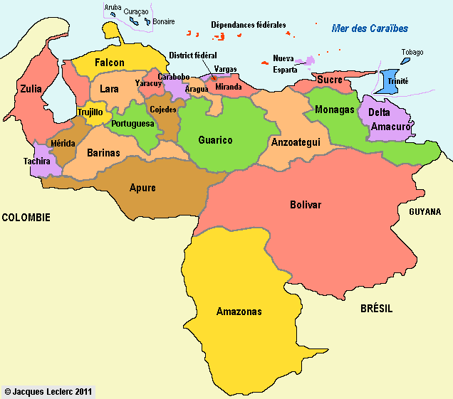 Venezuela: carte des États de la fédération